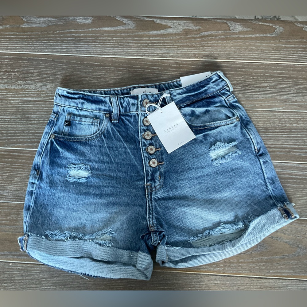 NWT Kancan Blue Distressed Button Fly Jean Shorts